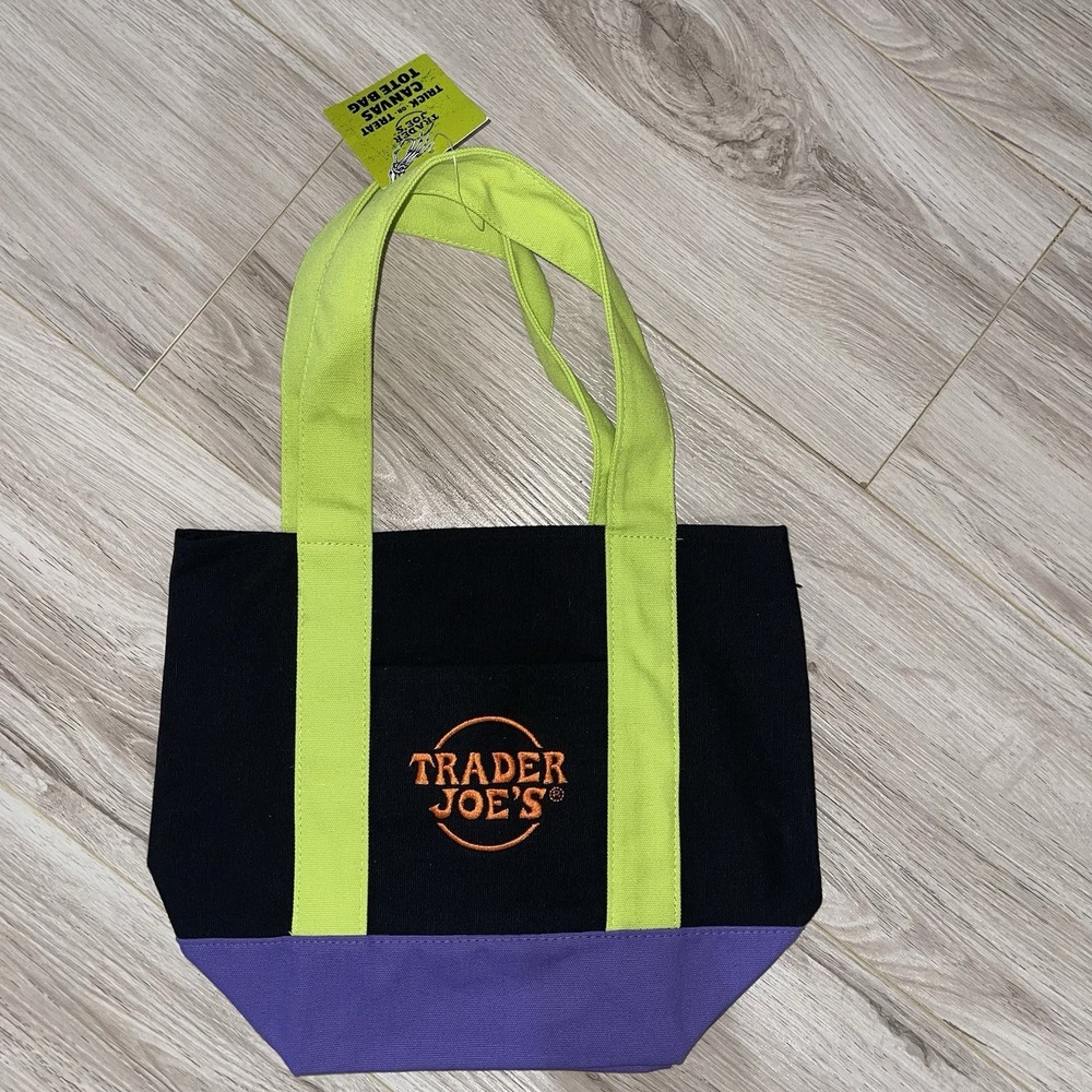 New Trader Joe's Mini Canvas Tote Black Green Purple Shopping Lunch Travel